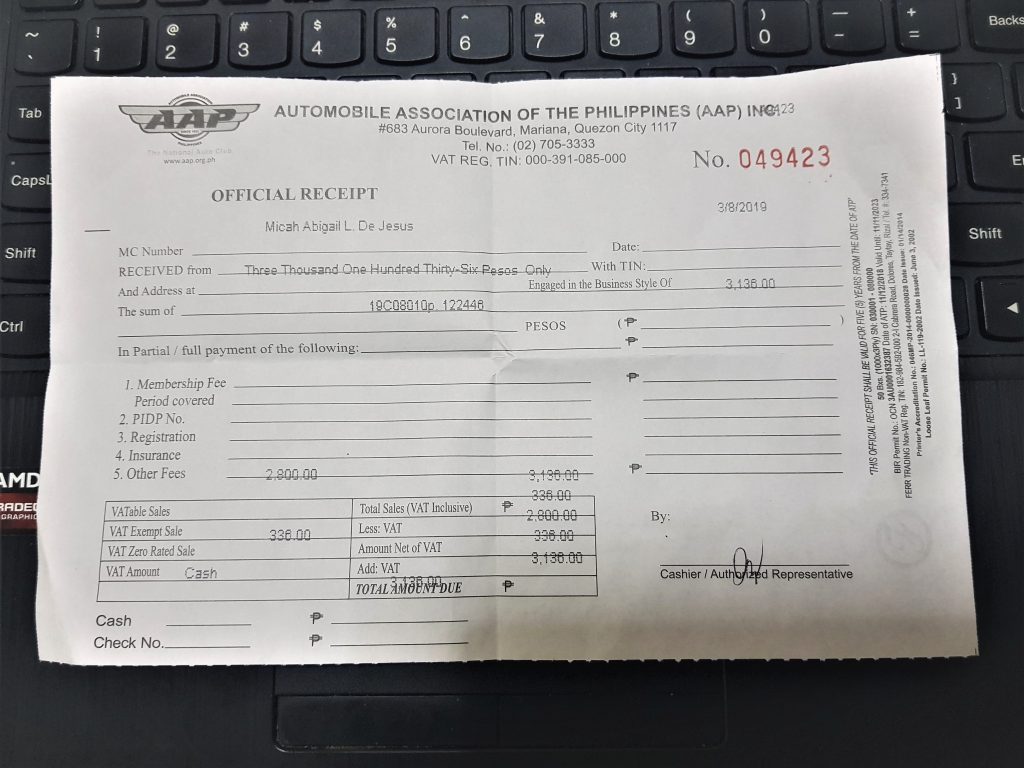 AAP International Driver's License Receipt